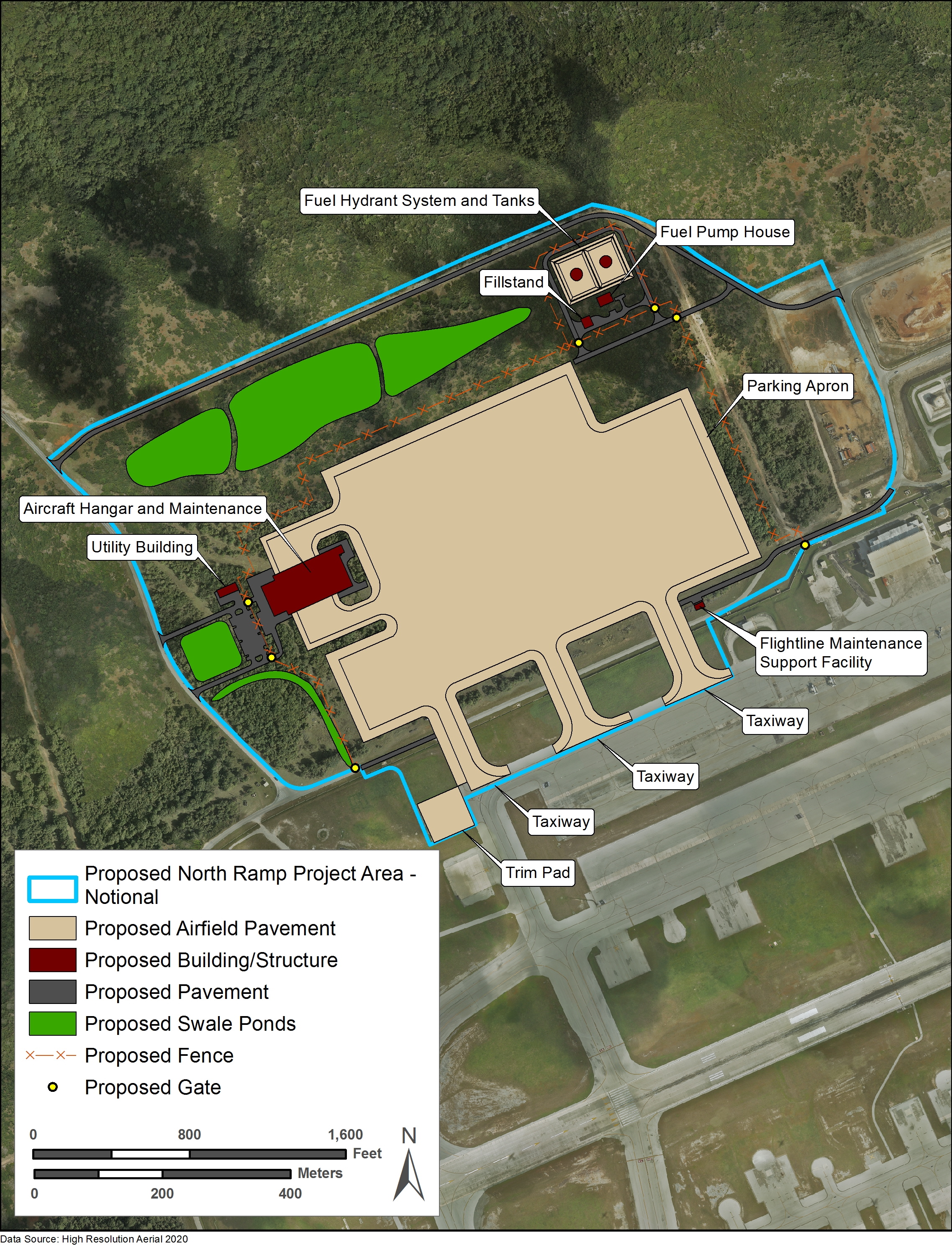 Site plan of the proposed North Ramp infrastructure upgrades adjacent to the northwest corner of the airfield.